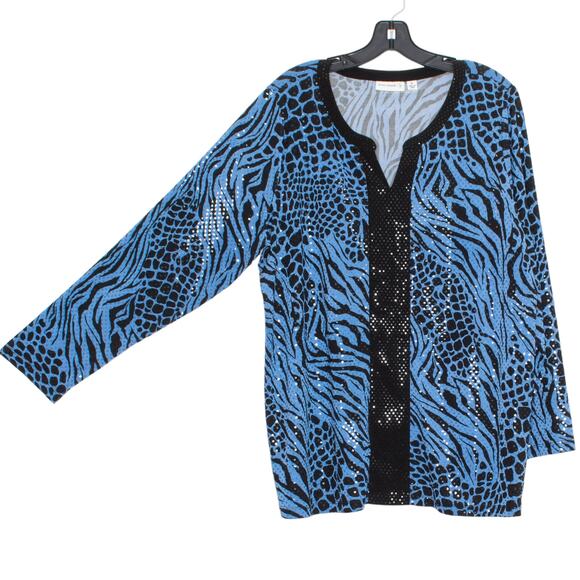 Susan Graver Top Animal Sequin Glam Statement Bold Zebra Mixed Blue Black XL - Picture 8 of 9